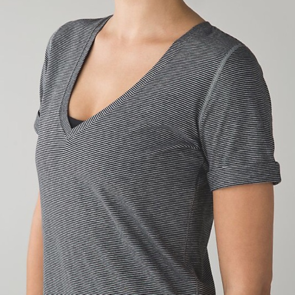 lululemon athletica Black and White Striped Short Sleeve V-Neck Tee